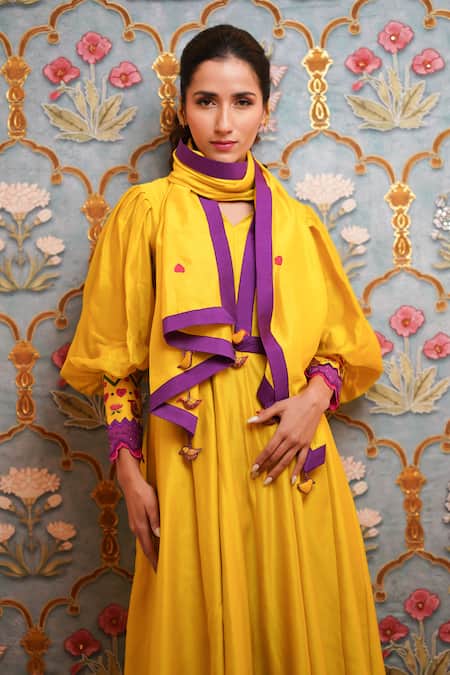 Shop_Leela By A_Yellow Chanderi, Linen, Cotton Beads, Zari, Embroidery Cuff Anarkali Pant Set _at_Aza_Fashions