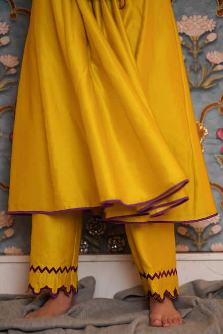 Leela By A_Yellow Chanderi, Linen, Cotton Beads, Zari, Embroidery Cuff Anarkali Pant Set _Online_at_Aza_Fashions