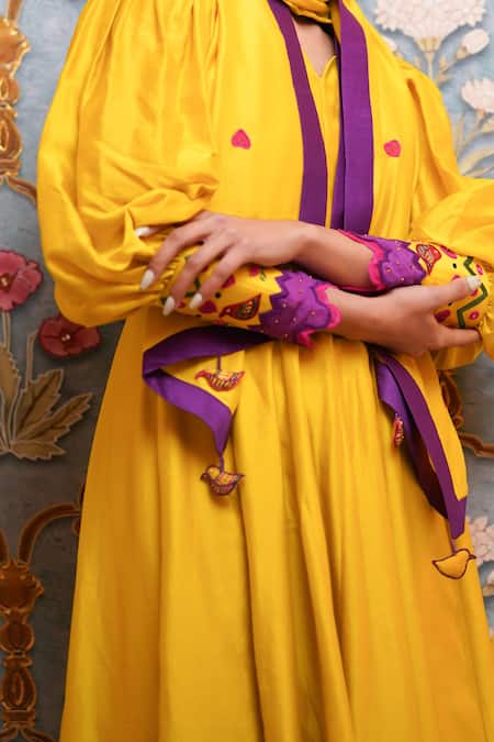 Buy_Leela By A_Yellow Chanderi, Linen, Cotton Beads, Zari, Embroidery Cuff Anarkali Pant Set _Online_at_Aza_Fashions