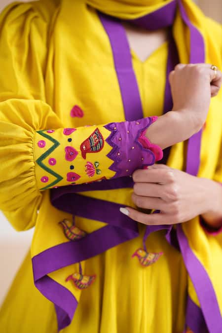 Shop_Leela By A_Yellow Chanderi, Linen, Cotton Beads, Zari, Embroidery Cuff Anarkali Pant Set _Online_at_Aza_Fashions