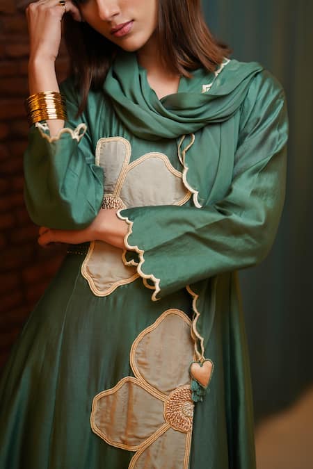 Leela By A_Green Organza, Chanderi, Linen Beads, Fabric Applique Embroidered Anarkali Set _Online_at_Aza_Fashions