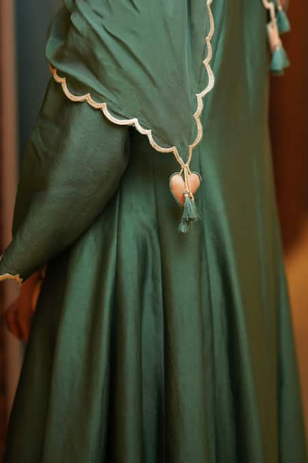 Buy_Leela By A_Green Organza, Chanderi, Linen Beads, Fabric Applique Embroidered Anarkali Set _Online_at_Aza_Fashions