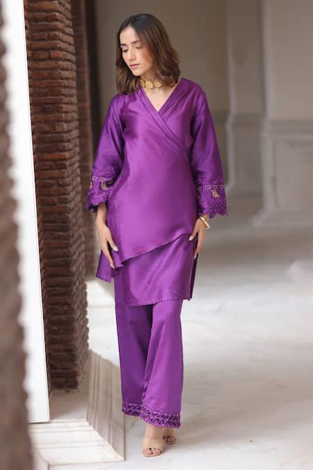 Shop Leela By A Purple Chanderi, Linen, Cotton Beads, Sleeve Embroidered Draped Kurta And Pant Set at Aza Fashions Shop_Leela By A_Purple Chanderi, Linen, Cotton Beads, Sleeve Embroidered Draped Kurta And Pant Set _at_Aza_Fashions