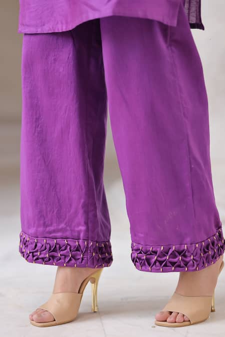 Leela By A Purple Chanderi, Linen, Cotton Beads, Sleeve Embroidered Draped Kurta And Pant Set Online at Aza Fashions Leela By A_Purple Chanderi, Linen, Cotton Beads, Sleeve Embroidered Draped Kurta And Pant Set _Online_at_Aza_Fashions
