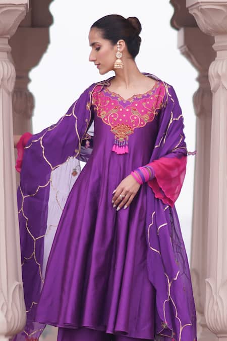 Leela By A Purple Chanderi, Cotton Sequins, Bird Applique Embroidered Anarkali Palazzo Set Online at Aza Fashions Leela By A_Purple Chanderi, Cotton Sequins, Bird Applique Embroidered Anarkali Palazzo Set _Online_at_Aza_Fashions