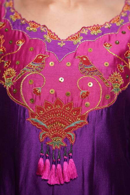 Buy Leela By A Purple Chanderi, Cotton Sequins, Bird Applique Embroidered Anarkali Palazzo Set Online at Aza Fashions Buy_Leela By A_Purple Chanderi, Cotton Sequins, Bird Applique Embroidered Anarkali Palazzo Set _Online_at_Aza_Fashions