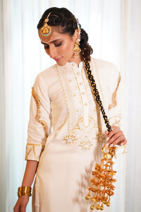 Shop_Leela By A_White Cotton Beads, Zari, Gota Patti Thread Embroidered Kurta And Salwar Set _at_Aza_Fashions