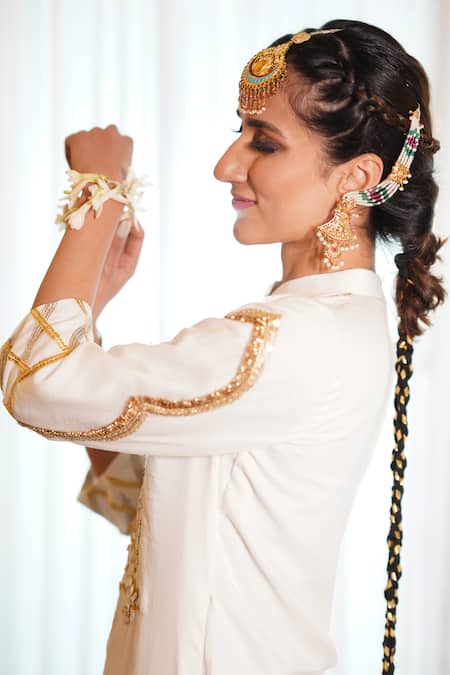 Leela By A_White Cotton Beads, Zari, Gota Patti Thread Embroidered Kurta And Salwar Set _Online_at_Aza_Fashions