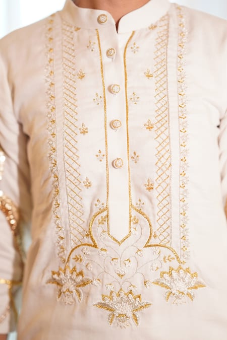 Buy_Leela By A_White Cotton Beads, Zari, Gota Patti Thread Embroidered Kurta And Salwar Set _Online_at_Aza_Fashions