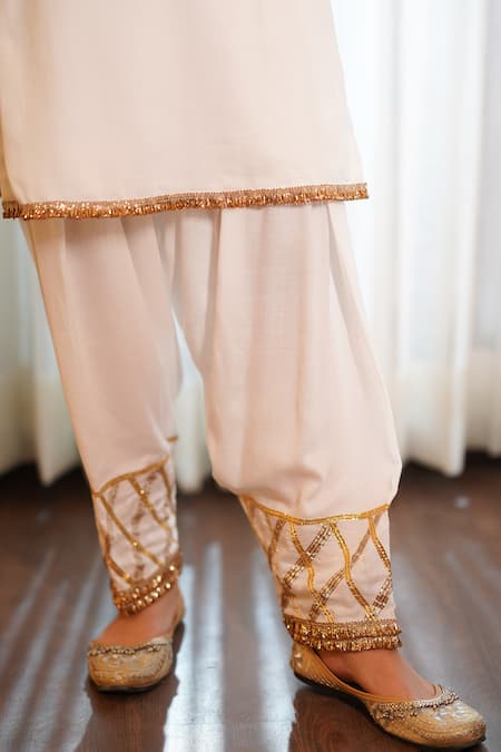 Shop_Leela By A_White Cotton Beads, Zari, Gota Patti Thread Embroidered Kurta And Salwar Set _Online_at_Aza_Fashions