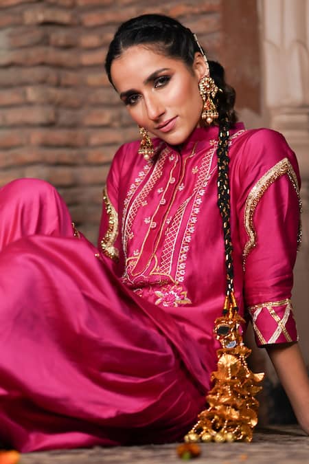 Shop_Leela By A_Pink Zari, Beads, Gota Patti Mandarin Collar Embroidered Kurta And Salwar Set _at_Aza_Fashions