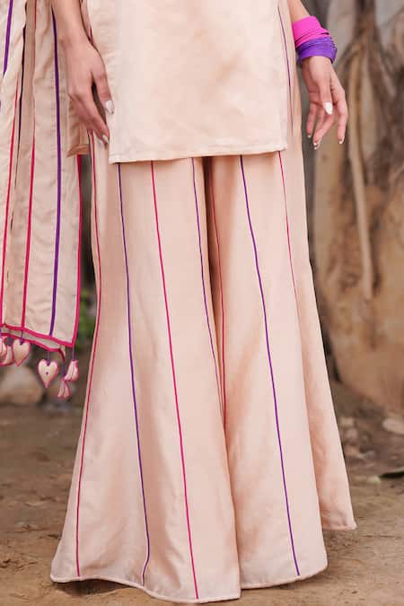 Leela By A_Beige Organza, Chanderi, Cotton, Linen Chevron Embroidered Kurta Sharara Set _Online_at_Aza_Fashions