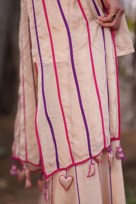 Buy_Leela By A_Beige Organza, Chanderi, Cotton, Linen Chevron Embroidered Kurta Sharara Set _Online_at_Aza_Fashions
