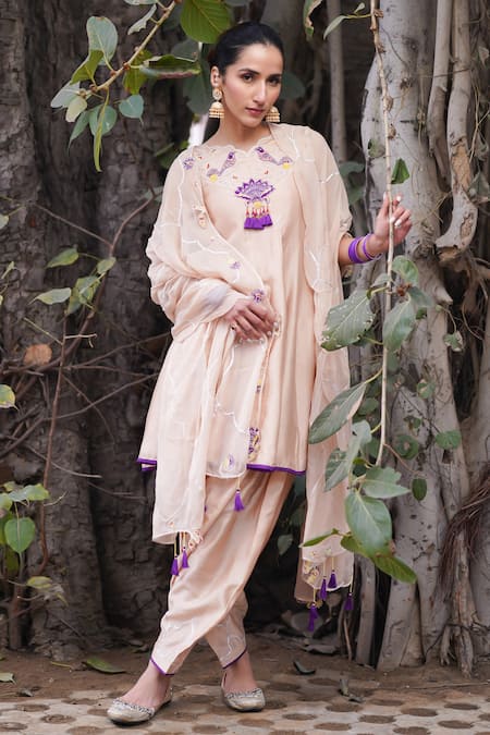 Shop_Leela By A_Beige Organza, Chanderi, Linen Tassels, Embroidery, Bird Neckline Anarkali Set _at_Aza_Fashions