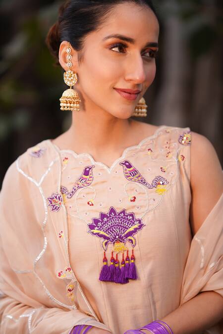 Leela By A_Beige Organza, Chanderi, Linen Tassels, Embroidery, Bird Neckline Anarkali Set _Online_at_Aza_Fashions