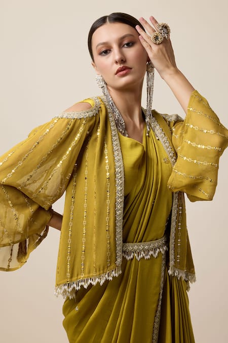 Merge Design_Yellow Silk, Georgette Border Embroidered Pre-draped Saree Set With Jacket _Online_at_Aza_Fashions