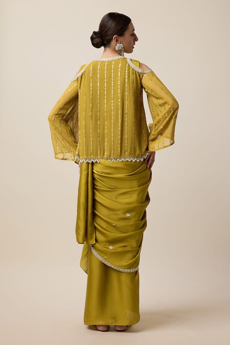 Shop_Merge Design_Yellow Silk, Georgette Border Embroidered Pre-draped Saree Set With Jacket _at_Aza_Fashions