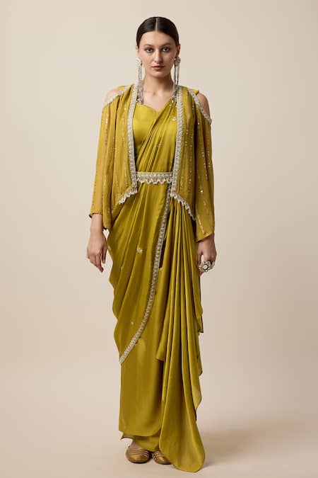 Buy_Merge Design_Yellow Silk, Georgette Border Embroidered Pre-draped Saree Set With Jacket _Online_at_Aza_Fashions