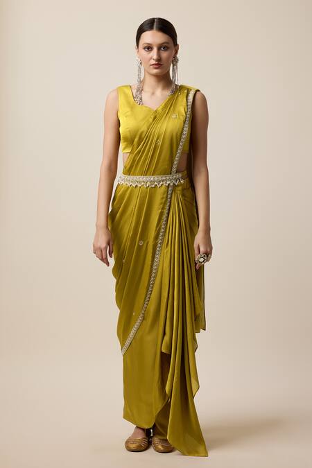 Shop_Merge Design_Yellow Silk, Georgette Border Embroidered Pre-draped Saree Set With Jacket _Online_at_Aza_Fashions