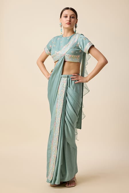 Merge Design_Blue Silk Mirrors, Sequins, Embroidery Border Pre-draped Saree With Blouse _Online_at_Aza_Fashions