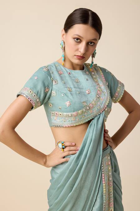 Buy_Merge Design_Blue Silk Mirrors, Sequins, Embroidery Border Pre-draped Saree With Blouse _Online_at_Aza_Fashions