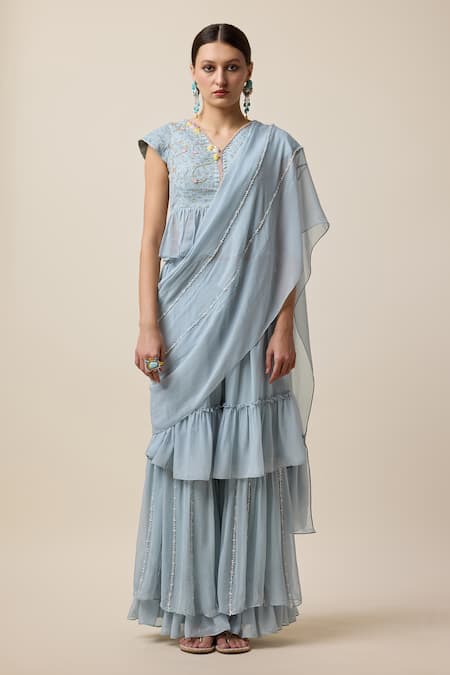 Merge Design_Blue Georgette Sequins, Embroidery, Tiered Sharara Saree Set With Peplum Top _Online_at_Aza_Fashions
