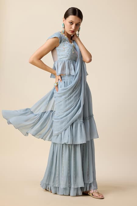 Buy_Merge Design_Blue Georgette Sequins, Embroidery, Tiered Sharara Saree Set With Peplum Top _Online_at_Aza_Fashions