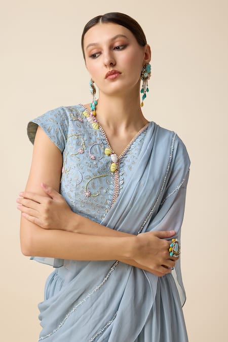 Shop_Merge Design_Blue Georgette Sequins, Embroidery, Tiered Sharara Saree Set With Peplum Top _Online_at_Aza_Fashions