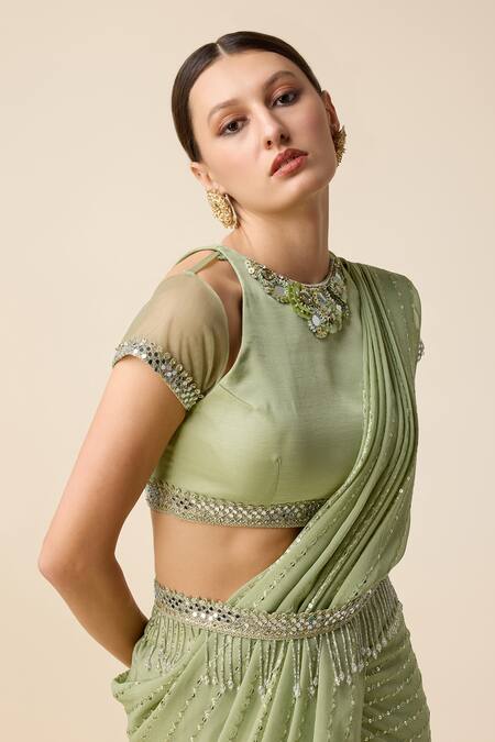 Merge Design Green Georgette Sequins, Stripe Embroidered Pre-draped Saree With Blouse Online at Aza Fashions Merge Design_Green Georgette Sequins, Stripe Embroidered Pre-draped Saree With Blouse _Online_at_Aza_Fashions
