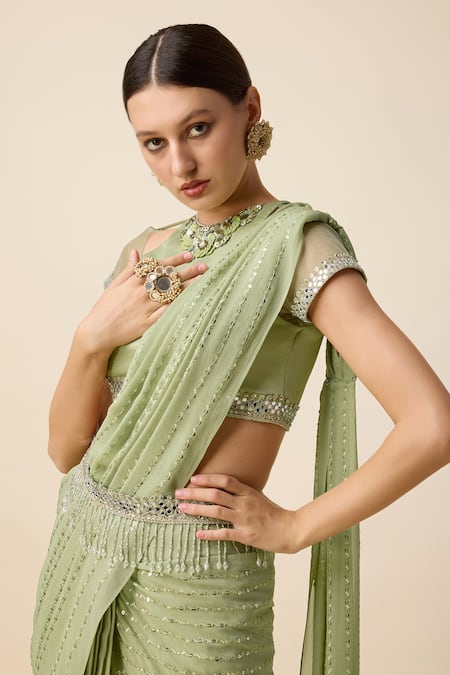 Buy Merge Design Green Georgette Sequins, Stripe Embroidered Pre-draped Saree With Blouse Online at Aza Fashions Buy_Merge Design_Green Georgette Sequins, Stripe Embroidered Pre-draped Saree With Blouse _Online_at_Aza_Fashions