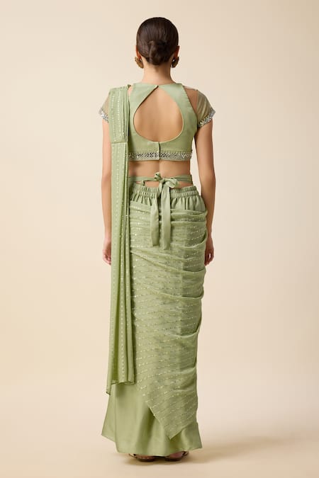 Shop Merge Design Green Georgette Sequins, Stripe Embroidered Pre-draped Saree With Blouse at Aza Fashions Shop_Merge Design_Green Georgette Sequins, Stripe Embroidered Pre-draped Saree With Blouse _at_Aza_Fashions