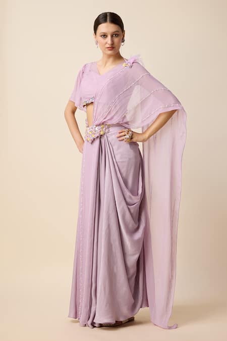Merge Design Purple Silk, Georgette Placement Embellished Pre-draped Saree With Blouse Online at Aza Fashions Merge Design_Purple Silk, Georgette Placement Embellished Pre-draped Saree With Blouse _Online_at_Aza_Fashions