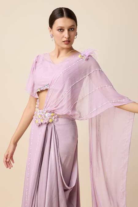 Buy Merge Design Purple Silk, Georgette Placement Embellished Pre-draped Saree With Blouse Online at Aza Fashions Buy_Merge Design_Purple Silk, Georgette Placement Embellished Pre-draped Saree With Blouse _Online_at_Aza_Fashions