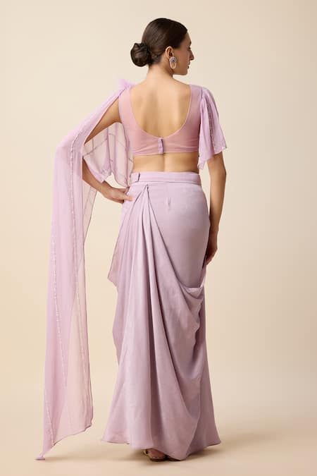 Shop Merge Design Purple Silk, Georgette Placement Embellished Pre-draped Saree With Blouse at Aza Fashions Shop_Merge Design_Purple Silk, Georgette Placement Embellished Pre-draped Saree With Blouse _at_Aza_Fashions