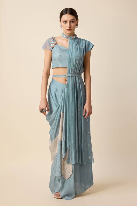 Merge Design Blue Georgette Cut Work, Thread Embroidered Pre-draped Saree Set With Shrug Online at Aza Fashions Merge Design_Blue Georgette Cut Work, Thread Embroidered Pre-draped Saree Set With Shrug _Online_at_Aza_Fashions