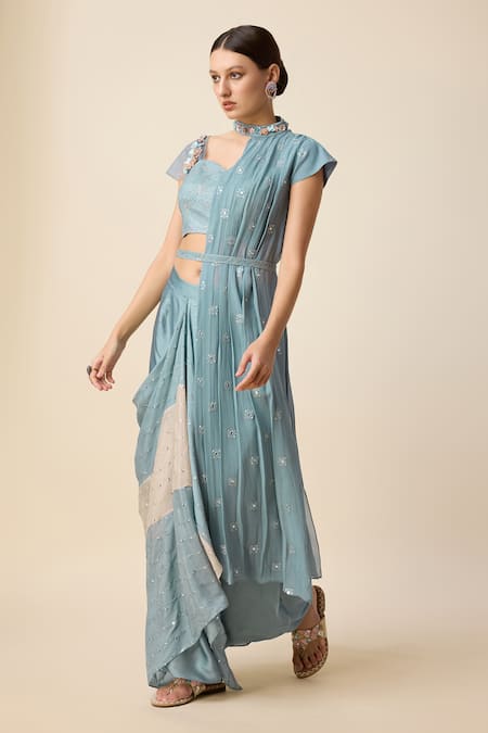 Buy Merge Design Blue Georgette Cut Work, Thread Embroidered Pre-draped Saree Set With Shrug Online at Aza Fashions Buy_Merge Design_Blue Georgette Cut Work, Thread Embroidered Pre-draped Saree Set With Shrug _Online_at_Aza_Fashions
