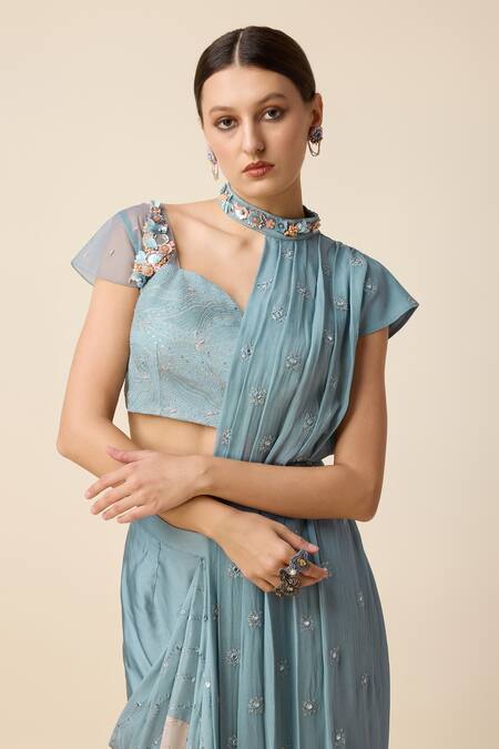 Shop Merge Design Blue Georgette Cut Work, Thread Embroidered Pre-draped Saree Set With Shrug Online at Aza Fashions Shop_Merge Design_Blue Georgette Cut Work, Thread Embroidered Pre-draped Saree Set With Shrug _Online_at_Aza_Fashions