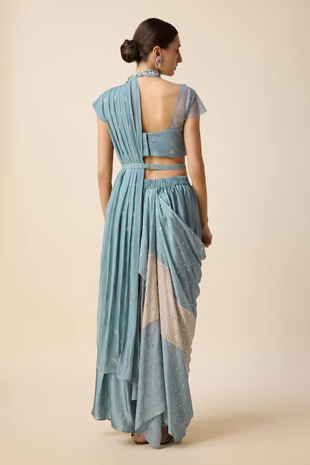Shop Merge Design Blue Georgette Cut Work, Thread Embroidered Pre-draped Saree Set With Shrug at Aza Fashions Shop_Merge Design_Blue Georgette Cut Work, Thread Embroidered Pre-draped Saree Set With Shrug _at_Aza_Fashions