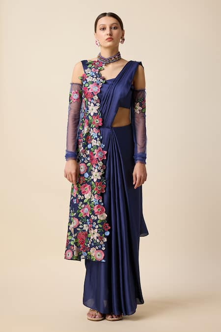 Merge Design_Blue Silk Sequins, Stones, Embroidery Pleated Pre-draped Saree Set With Jacket _Online_at_Aza_Fashions