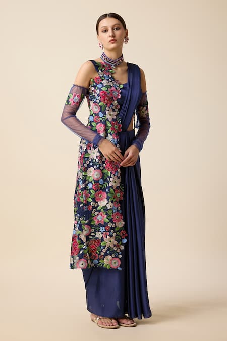 Buy_Merge Design_Blue Silk Sequins, Stones, Embroidery Pleated Pre-draped Saree Set With Jacket _Online_at_Aza_Fashions