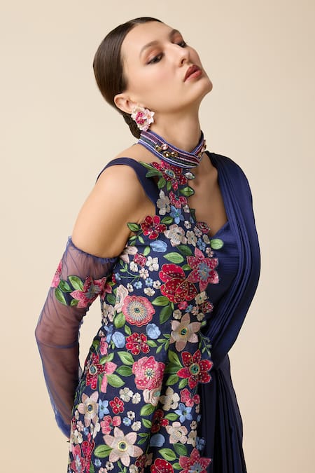 Shop_Merge Design_Blue Silk Sequins, Stones, Embroidery Pleated Pre-draped Saree Set With Jacket _Online_at_Aza_Fashions