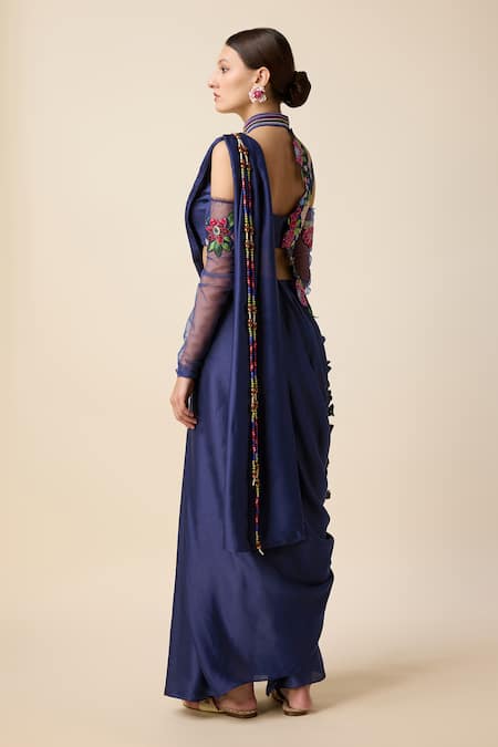 Merge Design_Blue Silk Sequins, Stones, Embroidery Pleated Pre-draped Saree Set With Jacket _at_Aza_Fashions