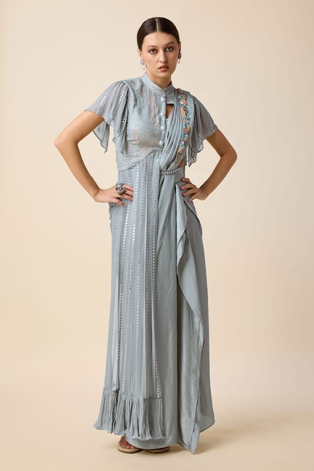 Merge Design_Grey Silk, Georgette Cut Work, Sequins, Pre-draped Saree Set With Blouse _Online_at_Aza_Fashions