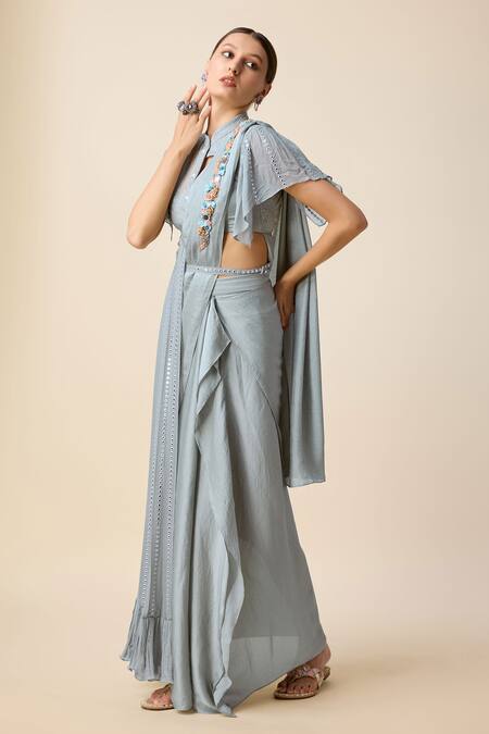 Buy_Merge Design_Grey Silk, Georgette Cut Work, Sequins, Pre-draped Saree Set With Blouse _Online_at_Aza_Fashions