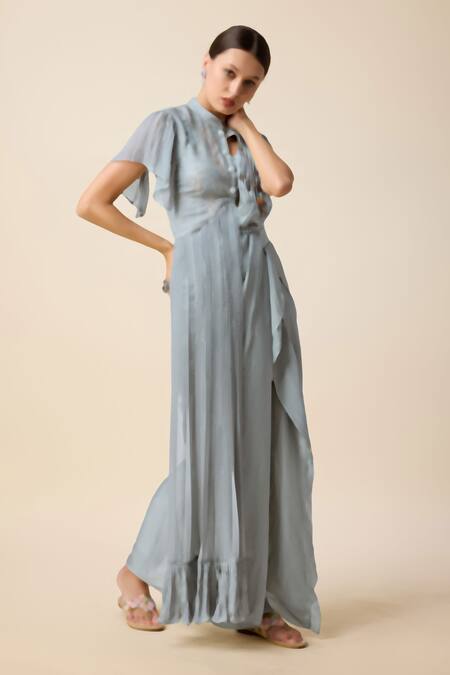 Shop_Merge Design_Grey Silk, Georgette Cut Work, Sequins, Pre-draped Saree Set With Blouse _Online_at_Aza_Fashions