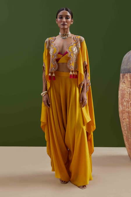 Vasavi Shah Gota & French Knot Cutwork Cape & Harrem Pant Set 