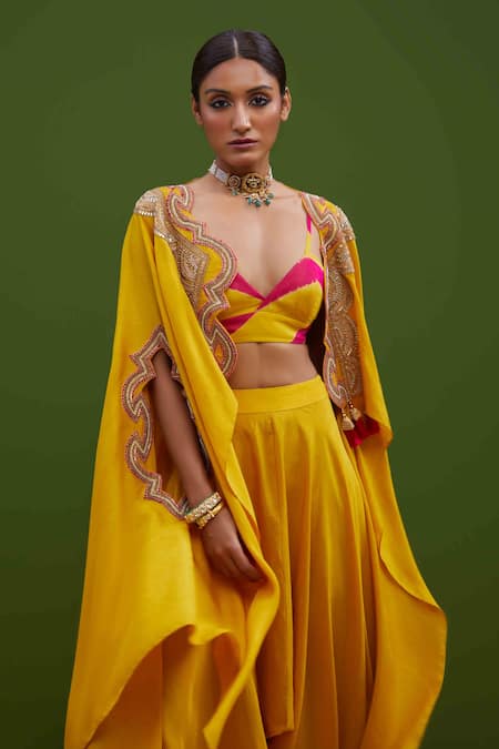 Vasavi Shah Yellow Silk V-neck Gota And French Knot Cutwork Cape & Harrem Pant Set Online at Aza Fashions Vasavi Shah_Yellow Silk V-neck Gota And French Knot Cutwork Cape & Harrem Pant Set _Online_at_Aza_Fashions