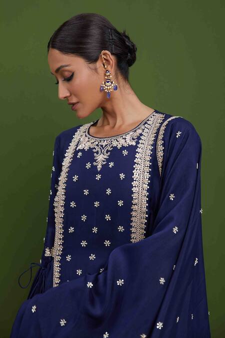 Vasavi Shah_Blue Silk Sequins, Embroidery Round Neck And Thread Anarkali With Dupatta _Online_at_Aza_Fashions