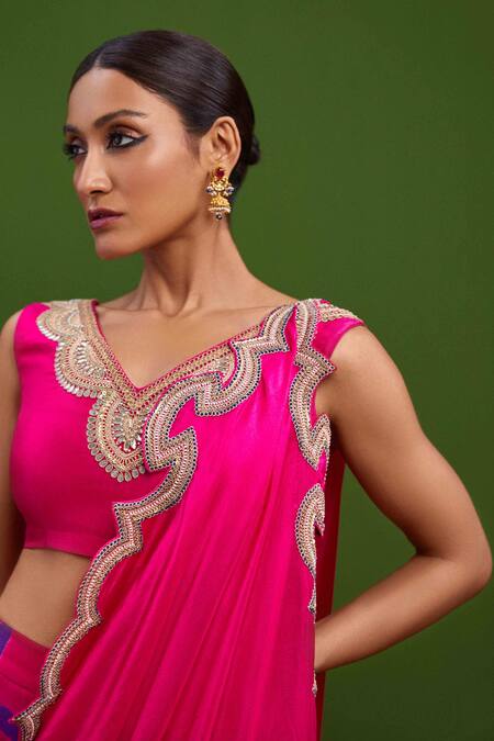 Buy_Vasavi Shah_Pink Silk Sequins, Diamonds, Embroidery V-neck Lehenga Set _Online_at_Aza_Fashions