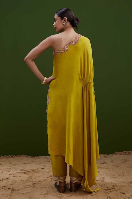 Vasavi Shah One-Shoulder Embroidered Tunic & Pant Set 